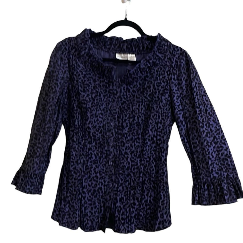 Harve Benard Crinkle Blouse Goth 3/4 Sleeve Button Down Ruffle Detail Medium